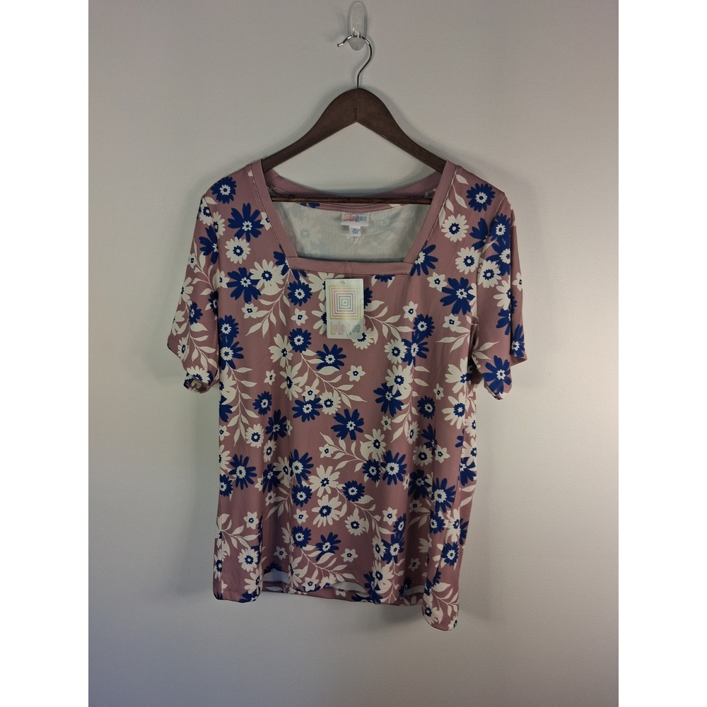 [Cottagecore] LuLaRoe Martha Floral Top Womens XL Pink Blue Square Neck Ribbed